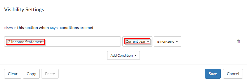 Visibility setting in where Income Statement has a Current Year balance